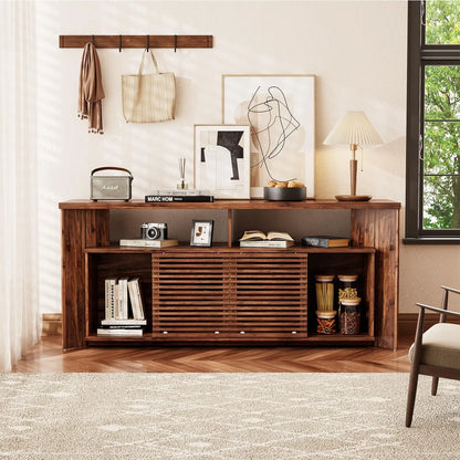 Flycity Mid Century Modern TV Stand for 55 60 65 Inch TVs, Entertainment Center with Sliding Doors & Storage, Wood Media Console for Living Room/Bedroom, Walnut Credenza TV Cabinet
