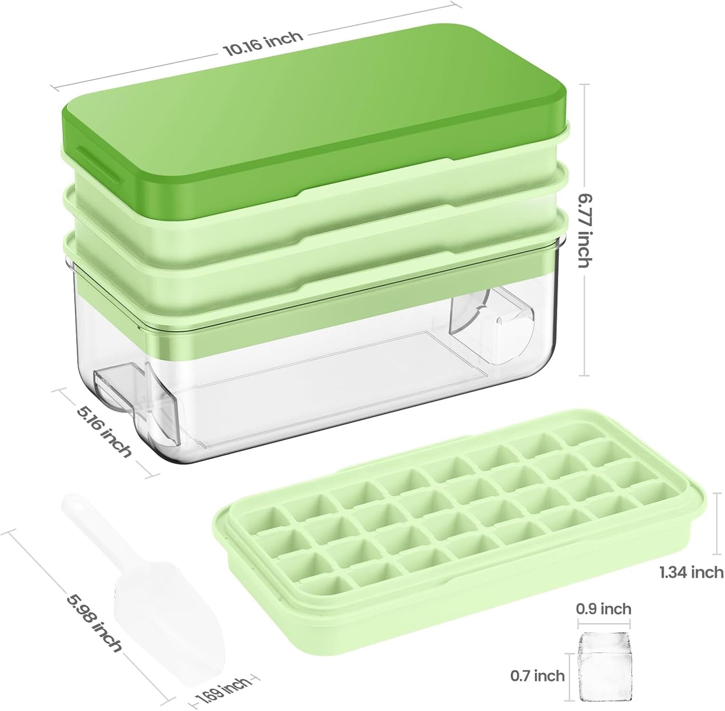 KINGTACK Ice Cube Tray with Lid and Bin, Ice Cube Tray Molds, 96(4 * 8 * 3) pcs Ice Trays for freezer, Chilling Drinks, Whiskey & Cocktails, with Ice Container and Ice Scoop, BPA-Free, Green