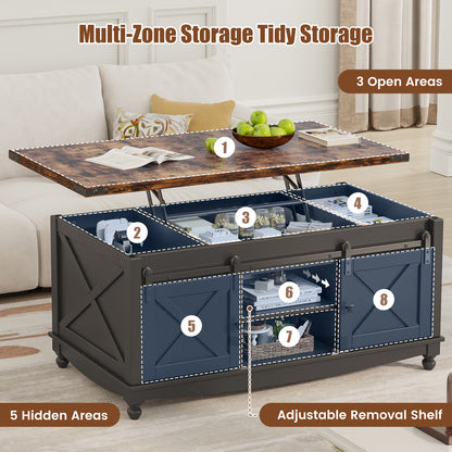 Flycity 48" Farmhouse Lift Top Coffee Table with Storage Sliding Barn Door, Lifting Tabletop Rustic Center Table with Large Hidden Compartment for Living Room, White & Brown