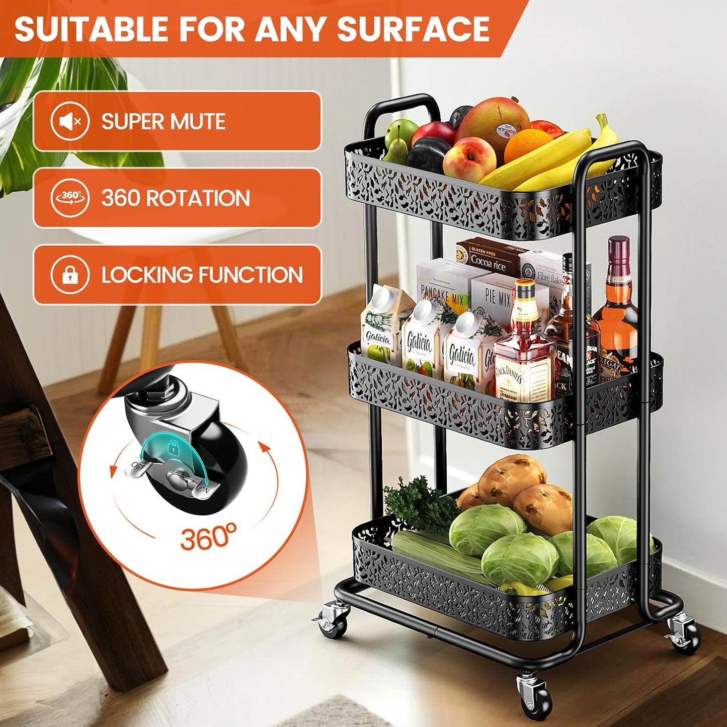 Flycity 3 Tier Utility Rolling Cart Organizer, Heavy-Duty Metal Rolling Carts with Wheels, Multifunctional Rolling Storage Cart, Easy Assembly for Kitchen, Office, Bathroom