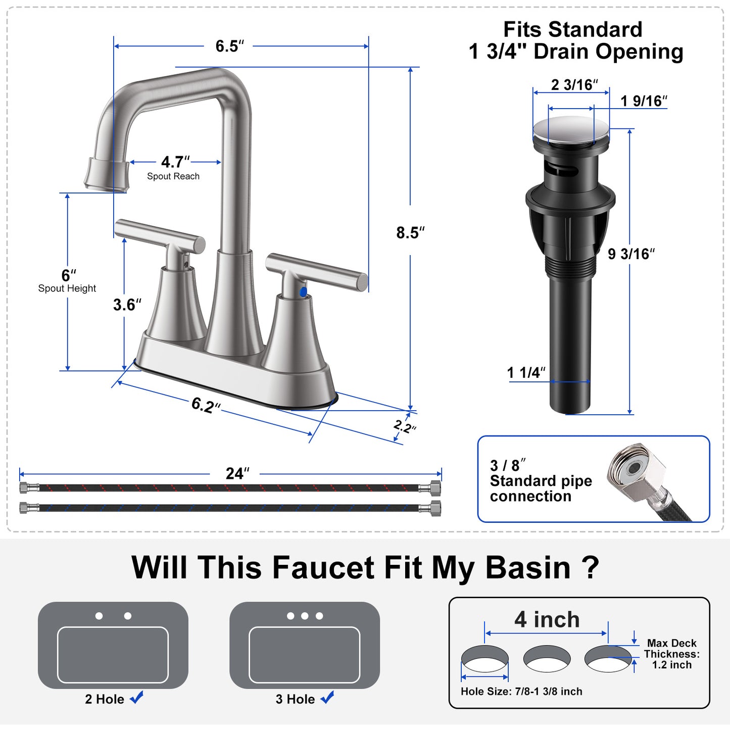 KINGTACK Bathroom Sink Faucet, 4 inch Brushed Nickel Bathroom Faucets with Pop-up Drain and Supply Lines, Stainless Steel 2-Handle Centerset Faucet for Bathroom Faucet 3 Hole