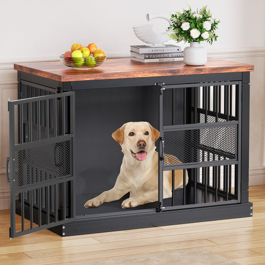 Flycity 40'' Modern Dog Crate Furniture with Double Door, Heavy Duty Dog Crate for Medium Large Dogs, Wooden Cage Kennel Furniture Indoor, Chew Resistant End Table for Living Room, Black