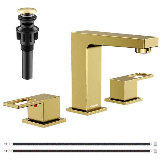 KINGTACK Widespread Bathroom Faucet Two Handle Bathroom Sink Faucet, 8-Inch 3 Pieces Bathroom Vanity Faucet 3 Hole Lavatory Faucet with Supply Lines, Gold