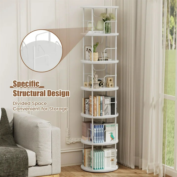 Flycity 6 Tier Rotating Bookshelf, 360° Display Rotating Bookcase Corner Storage Rack with Special Visible Partition Storage, White