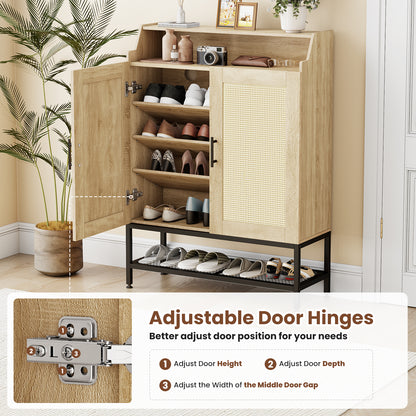 Flycity Rattan Shoe Cabinet with Doors, 7-Tier Shoe Rack Organizer Cabinet with Adjustable Shelves & Buffer Hinge, Freestanding Storage with Anti-Tip Fitting for Entryway, Hallway