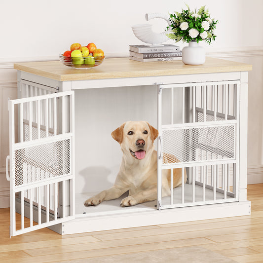 Flycity 40'' Modern Dog Crate Furniture with Double Door, Heavy Duty Dog Crate for Medium Large Dogs, Wooden Cage Kennel Furniture Indoor, Chew Resistant End Table for Living Room, White