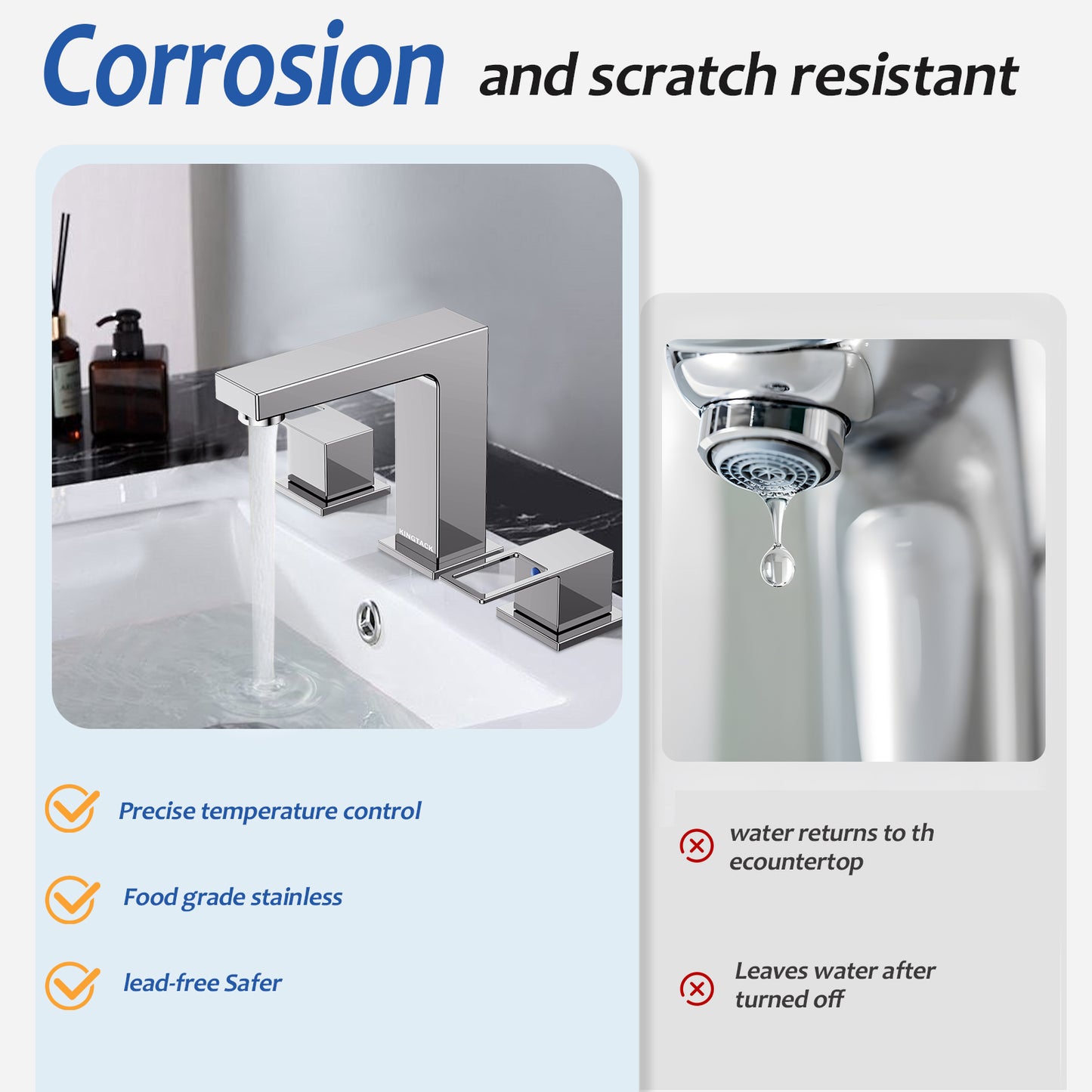 KINGTACK Bathroom Faucets for Sink 3 Hole, 8 inch Chrome Bathroom Sink Faucet with Pop Up Drain, 2 Handle Vanity Faucet with Water Supply Hoses