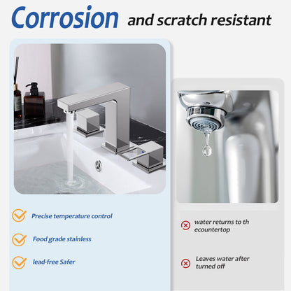 KINGTACK Bathroom Faucets for Sink 3 Hole, 8 inch Chrome Bathroom Sink Faucet with Pop Up Drain, 2 Handle Vanity Faucet with Water Supply Hoses