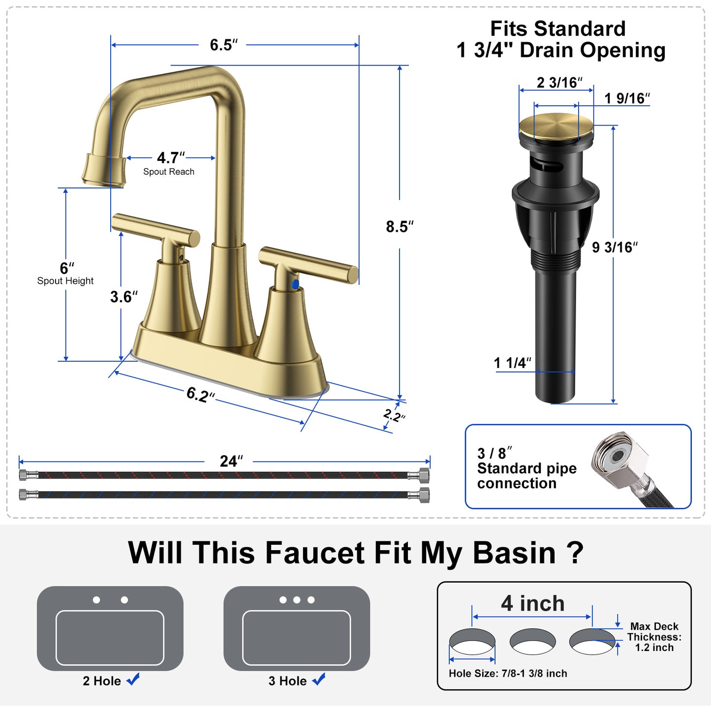 KINGTACK Bathroom Sink Faucet, 4 inch Brushed Gold Bathroom Faucets with Pop-up Drain and Supply Lines, Stainless Steel 2-Handle Centerset Faucet for Bathroom Faucet 3 Hole