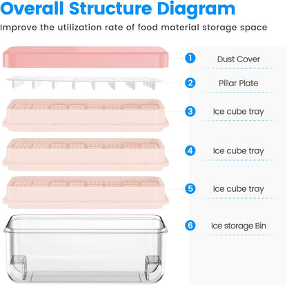KINGTACK Ice Cube Tray with Lid and Bin, Ice Cube Tray Molds, 96(4 * 8 * 3) pcs Ice Trays for freezer, Chilling Drinks, Whiskey & Cocktails, with Ice Container and Ice Scoop, BPA-Free, Pink