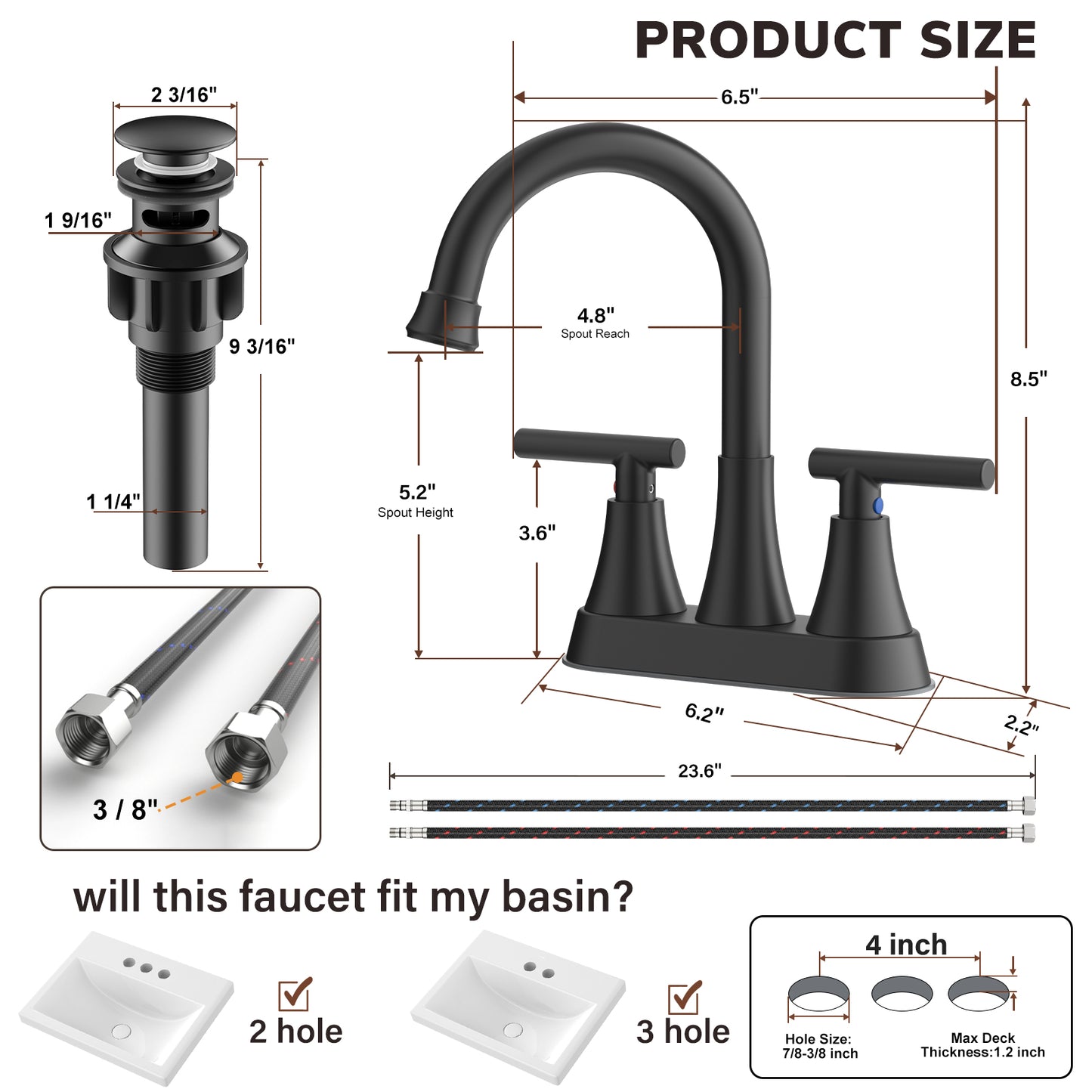 KINGTACK Bathroom Faucets 4 Inch Matte Black Bathroom Sink Faucet, Stainless Steel Lead-Free 2-Handle Centerset Faucet with Pop-up Drain and 2 Supply Hoses Fits 2 or 3-hole Sink