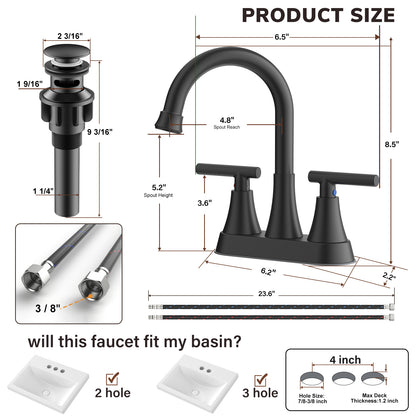 KINGTACK Bathroom Faucets 4 Inch Matte Black Bathroom Sink Faucet, Stainless Steel Lead-Free 2-Handle Centerset Faucet with Pop-up Drain and 2 Supply Hoses Fits 2 or 3-hole Sink