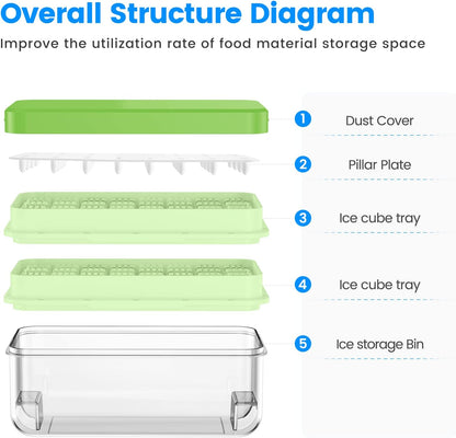 KINGTACK Ice Cube Tray, Ice Trays for Freezer, Ice Cube Tray With Lid and Bin, Making 64 pcs Ice Cubes, Chilling Cocktail, Whiskey, Coffee, with 2 trays, Ice Container, Scoop&Cover, BPA Free, Green