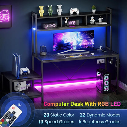 Flycity Computer Desk with Printer Stand & Hutch, 69 Inch Gaming Desk with LED Lights & Power Outlets, Home Office Desk with Storage Shelves & Hooks for Living Room, Small Spaces, Black