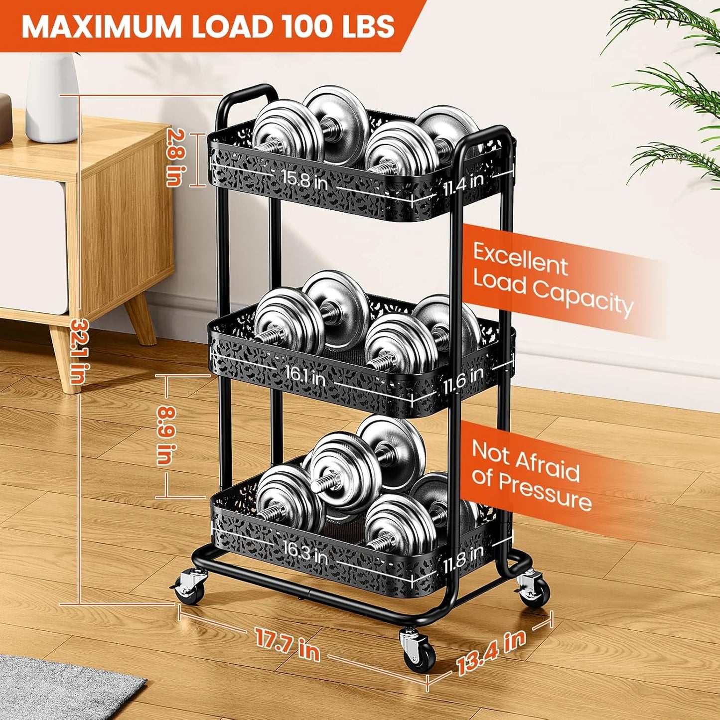 Flycity 3 Tier Utility Rolling Cart Organizer, Heavy-Duty Metal Rolling Carts with Wheels, Multifunctional Rolling Storage Cart, Easy Assembly for Kitchen, Office, Bathroom