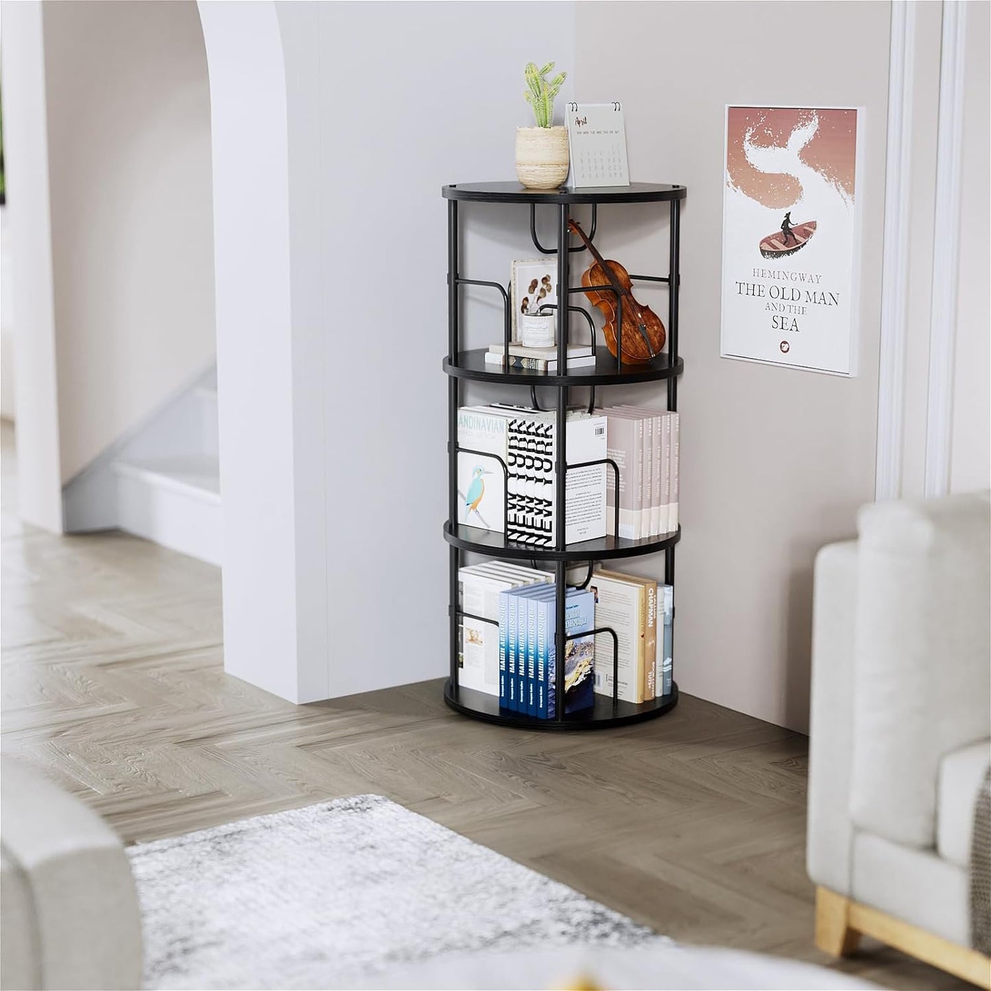 Flycity 3 Tier Rotating Bookshelf, 360° Display Rotating Bookcase Corner Storage Rack with Special Visible Partition Storage, Black