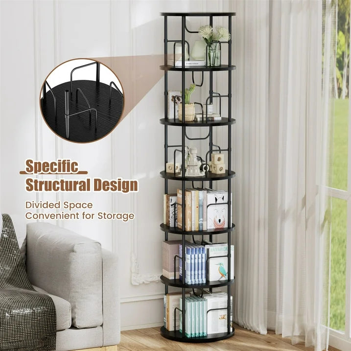 Flycity 6 Tier Rotating Bookshelf, 360° Display Rotating Bookcase Corner Storage Rack with Special Visible Partition Storage, Black