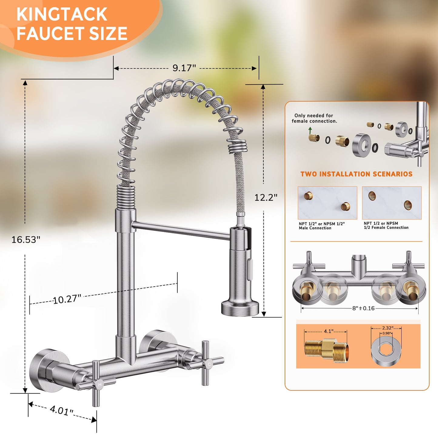KINGTACK Wall Mount Kitchen Faucet,8 inch Commercial Sink Faucet with Sprayer, Dual Handles Utility Sink Faucet for Kitchen Laundry Restaurant,Stainless Steel