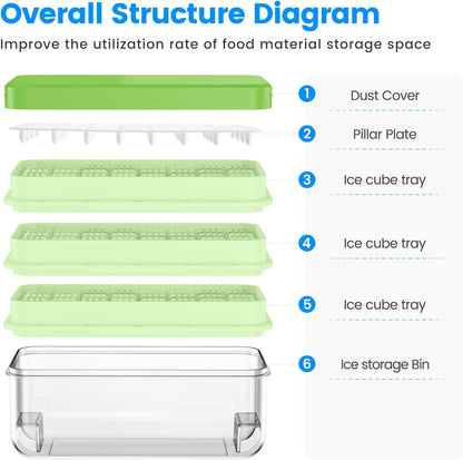 KINGTACK Ice Cube Tray with Lid and Bin, Ice Cube Tray Molds, 96(4 * 8 * 3) pcs Ice Trays for freezer, Chilling Drinks, Whiskey & Cocktails, with Ice Container and Ice Scoop, BPA-Free, Green