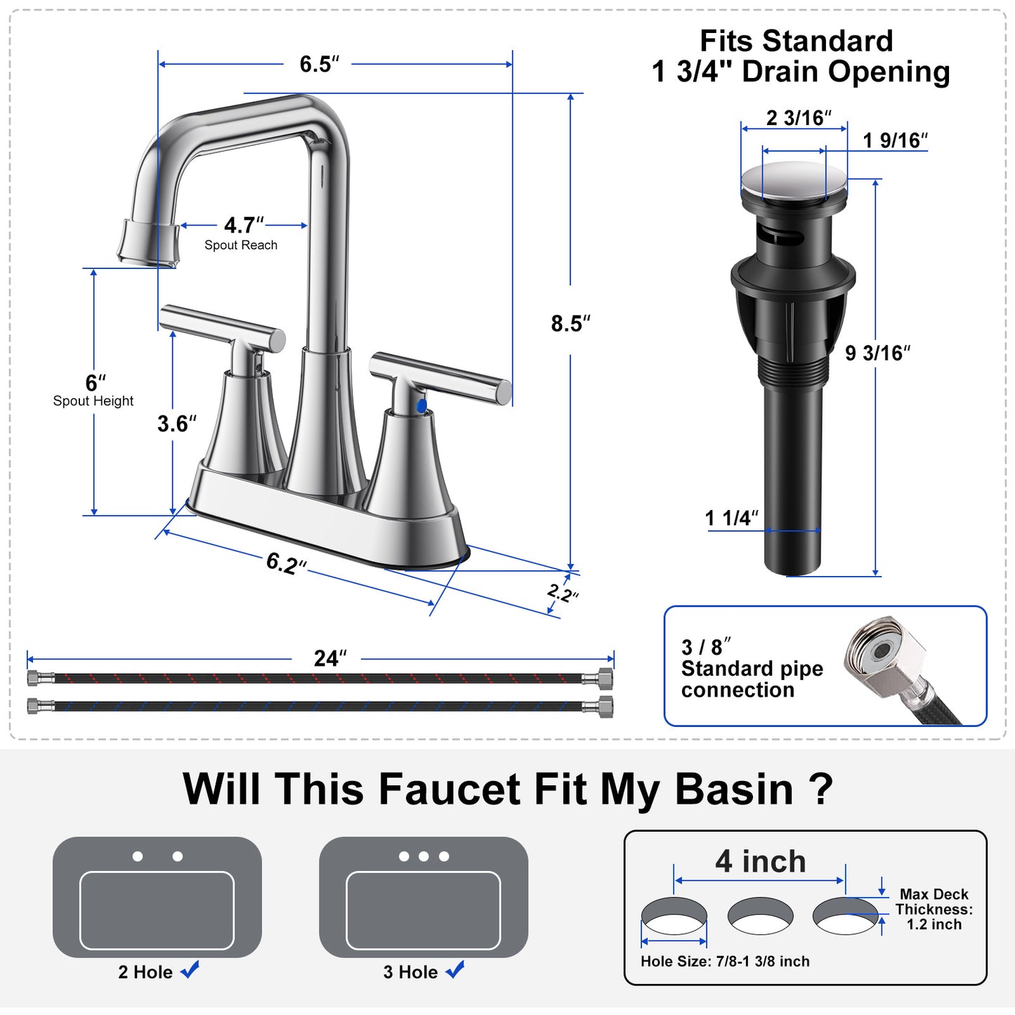 KINGTACK Bathroom Sink Faucet, 4 inch Chrome Bathroom Faucets with Pop-up Drain and Supply Lines, Stainless Steel 2-Handle Centerset Faucet for Bathroom Faucet 3 Hole, 2 Pack