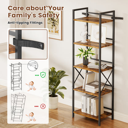 Flycity 5 Tier Bookshelf, Modern Bookcase with Open Compartments, Free Standing Storage Shelves Organizer for Home Office, Bedroom, Living Room, Rustic Brown