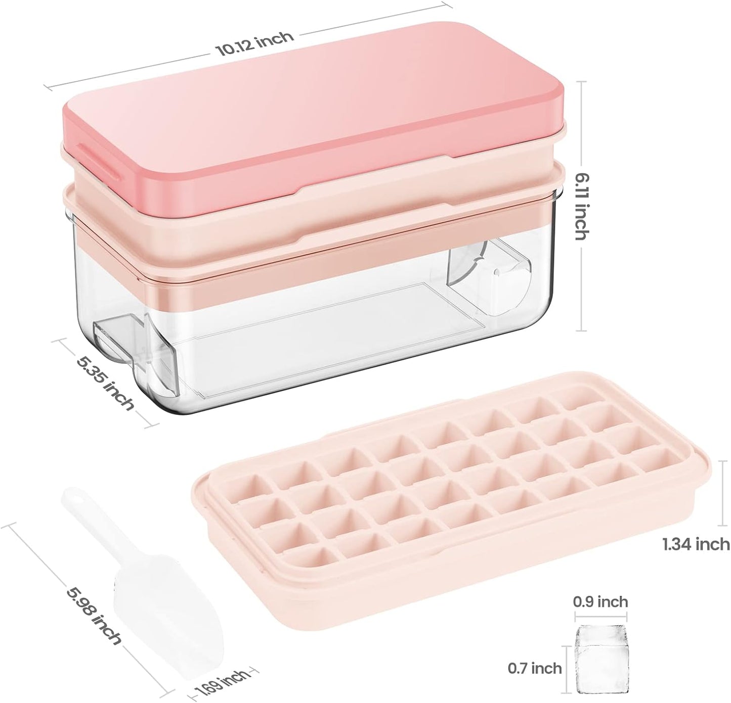 KINGTACK Ice Cube Tray, Ice Trays for Freezer, Ice Cube Tray With Lid and Bin, Making 64 pcs Ice Cubes, Chilling Cocktail, Whiskey, Coffee, with 2 trays, Ice Container, Scoop&Cover, BPA Free, Pink