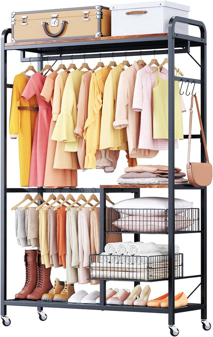 Flycity Heavy Duty Clothes Garment Rack with Drawers, Adjustable Free Standing Closet Ironwood Clothing Storage Shelves Rack for Hanging Clothes, Easy to Assemble & Sturdy with Wheels and Hooks