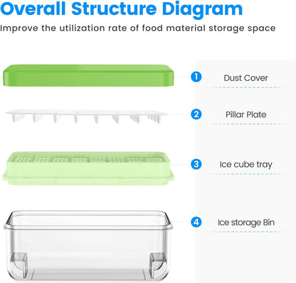 KINGTACK Ice Cube Tray with Lid and Bin, 32 pcs Ice Cubes Molds, Ice Trays for Freezer, with 1 tray, Ice Freezer Container, Spill-Resistant Removable Lid & Ice Scoop, for Whiskey,Cocktail, Green