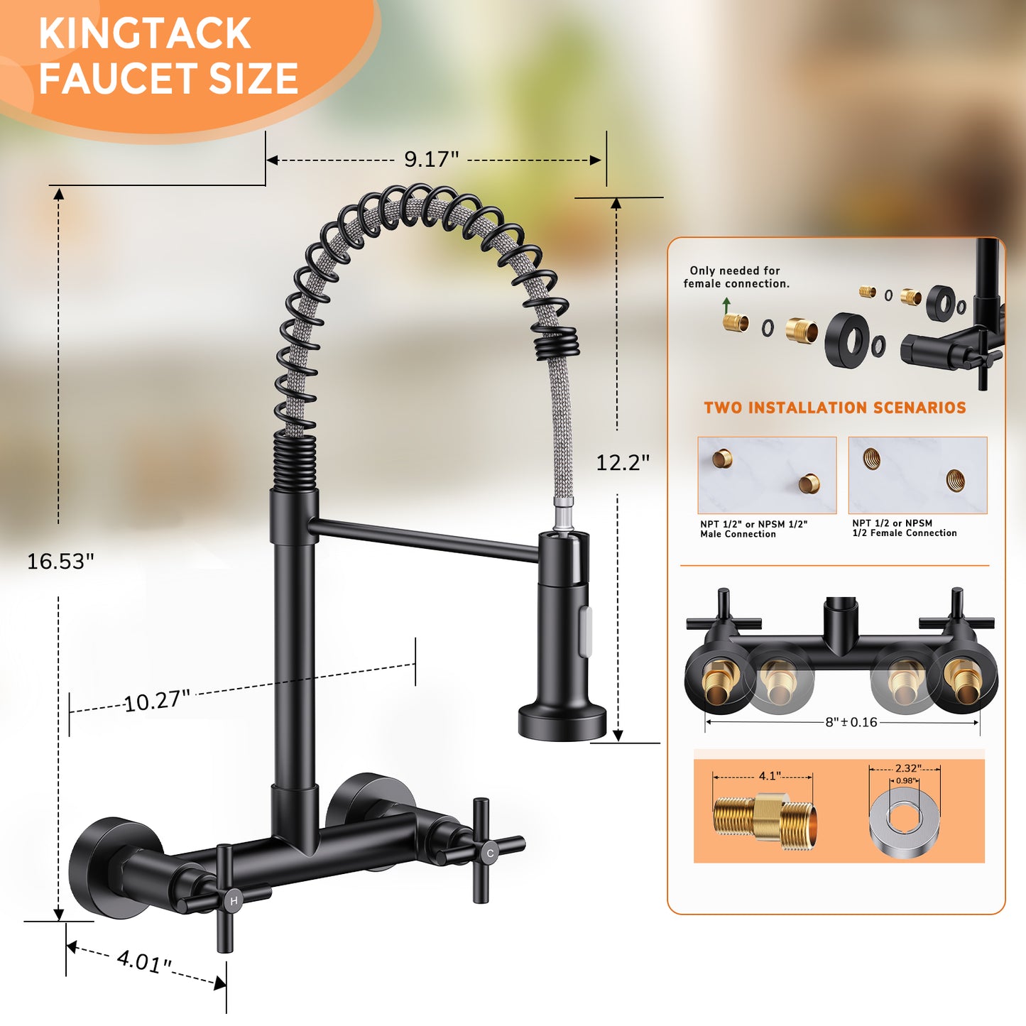 KINGTACK Wall Mount Kitchen Faucet,8 inch Commercial Sink Faucet with Sprayer, Dual Handles Utility Sink Faucet for Kitchen Laundry Restaurant, Matte Black