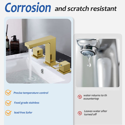 KINGTACK Bathroom Faucet for Sink 3 Hole, 8 inch Brushed Gold Bathroom Faucet with Pop Up Drain, 2 Handle Vanity Faucet with Water Supply Hoses