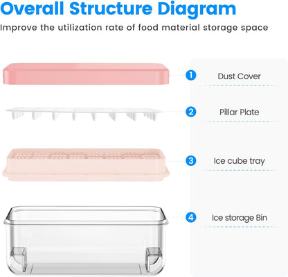 KINGTACK Ice Cube Tray with Lid and Bin, 32 pcs Ice Cubes Molds, Ice Trays for Freezer, with 1 tray, Ice Freezer Container, Spill-Resistant Removable Lid & Ice Scoop, for Whiskey,Cocktail, Pink
