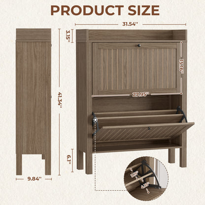 Flycity Shoe Storage Cabinet with 2 Flip Drawers, Freestanding Organizer with Open Storage, Narrow Farmhouse Shoe Rack with Legs for Entryway, Light walnut