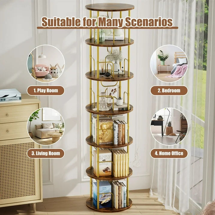Flycity 6 Tier Rotating Bookshelf, 360° Display Rotating Bookcase Corner Storage Rack with Special Visible Partition Storage, Gold