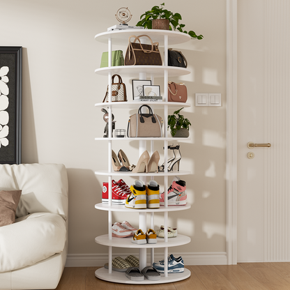 Flycity 7 Tier Rotating Shoe Rack Tower, 360° Spinning Shoe Organizer, Vertical Handbag & Shoe Carousel, Revolving Shoes Closet Storage Rack, White