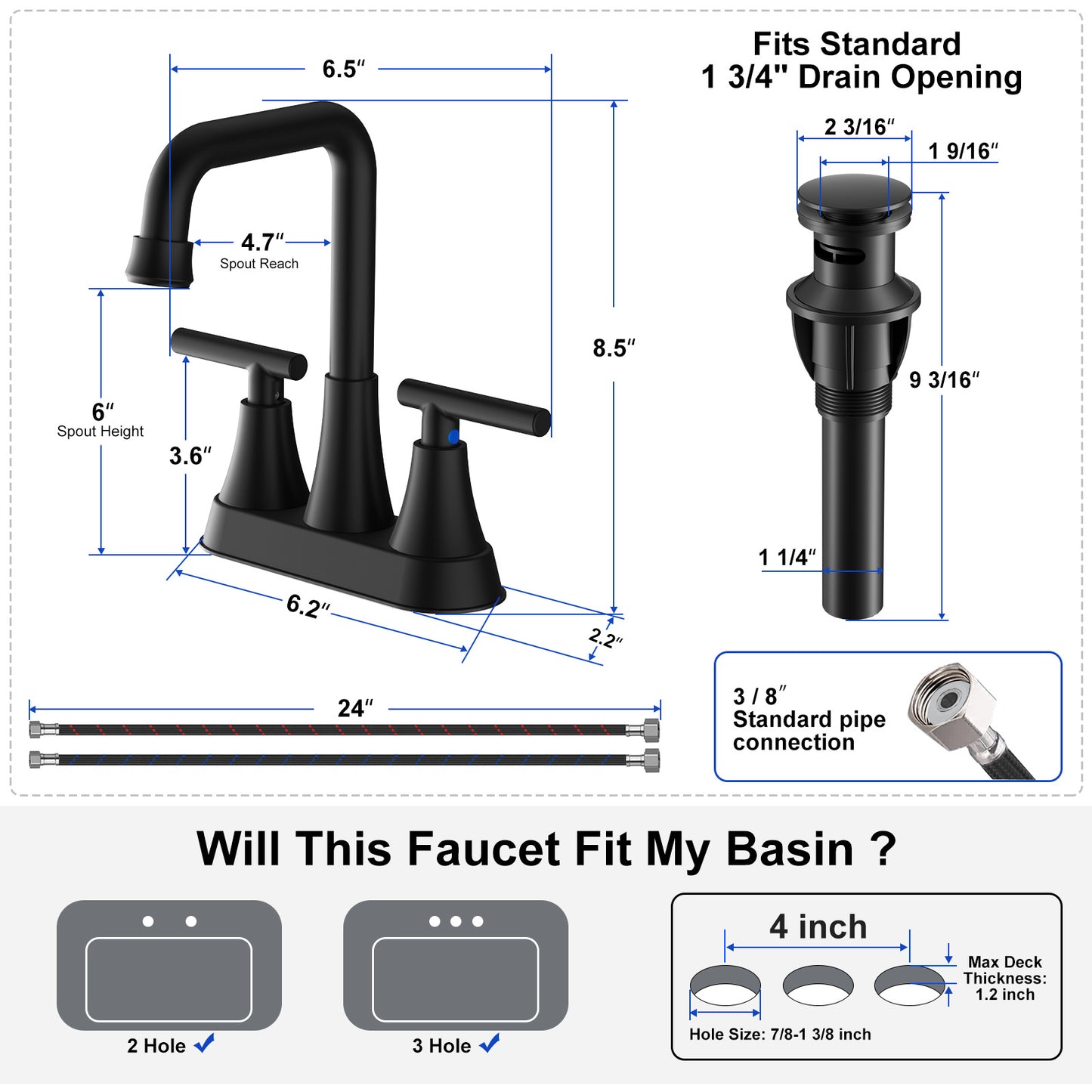 KINGTACK Bathroom Sink Faucet, 4 inch Matte Black Bathroom Faucets with Pop-up Drain and Supply Lines, Stainless Steel 2-Handle Centerset Faucet for Bathroom Faucet 3 Hole