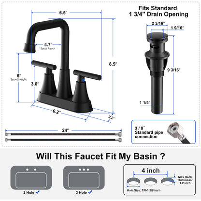 KINGTACK Bathroom Sink Faucet, 4 inch Matte Black Bathroom Faucets with Pop-up Drain and Supply Lines, Stainless Steel 2-Handle Centerset Faucet for Bathroom Faucet 3 Hole, 2 Pack