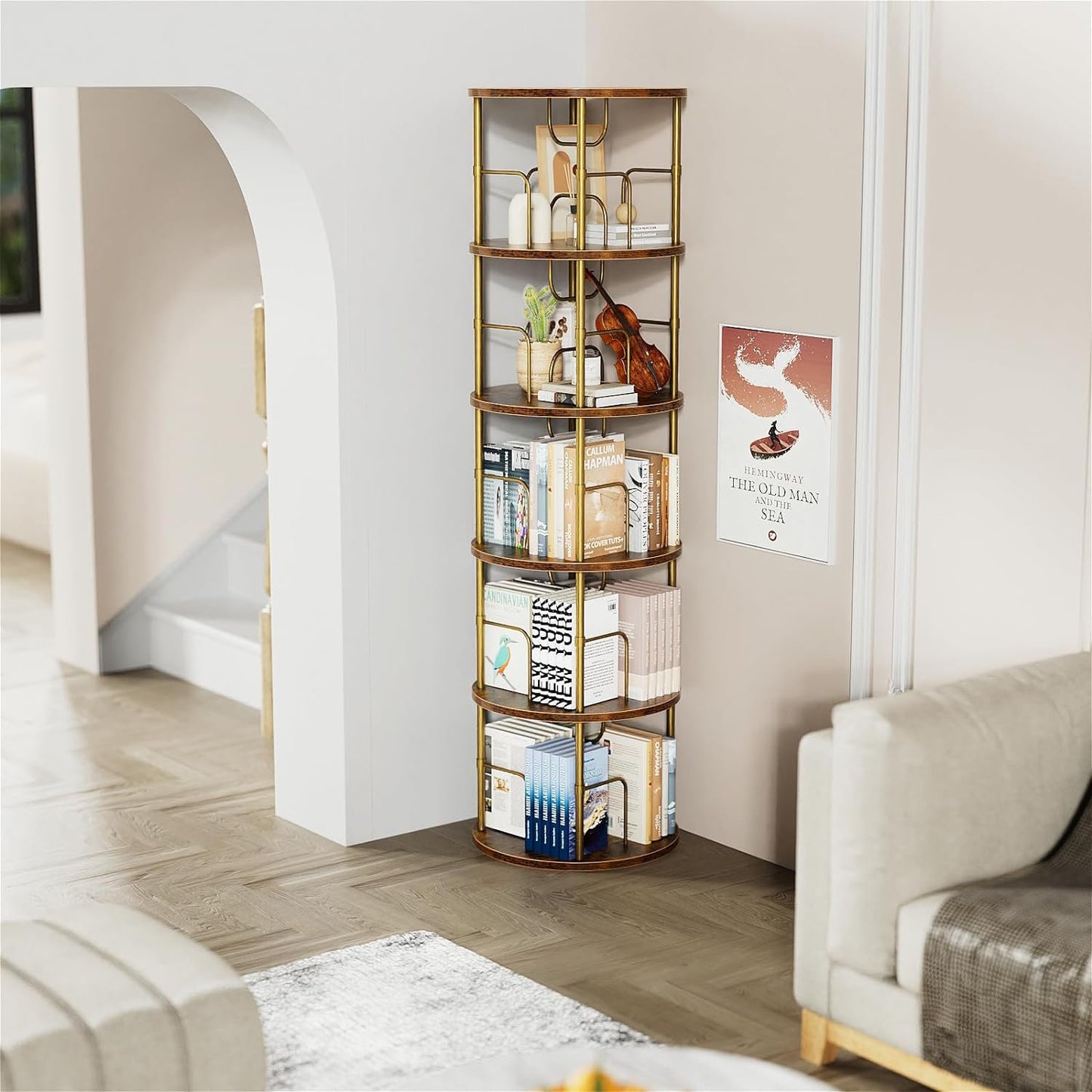 Flycity 5 Tier Rotating Bookshelf, 360° Display Rotating Bookcase Corner Storage Rack with Special Visible Partition Storage, Gold