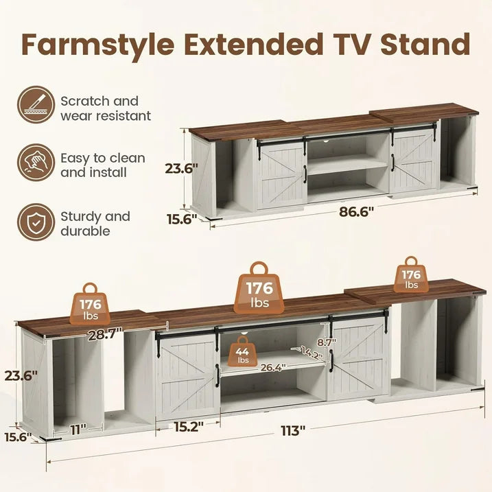 Flycity Extendable TV Stand for 85 95 105 Inch TVs, Large Entertainment Center with Sliding Doors & Storage, Modern Media Console for Living Room, Adjustable Length 86"-113", Heavy Duty TV Cabinet