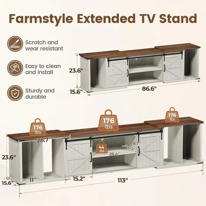 Flycity Extendable TV Stand for 85 95 105 Inch TVs, Large Entertainment Center with Sliding Doors & Storage, Modern Media Console for Living Room, Adjustable Length 86"-113", Heavy Duty TV Cabinet