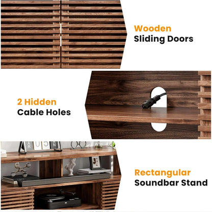 Flycity Mid Century Modern TV Stand for 55 60 65 Inch TVs, Entertainment Center with Sliding Doors & Storage, Wood Media Console for Living Room/Bedroom, Walnut Credenza TV Cabinet