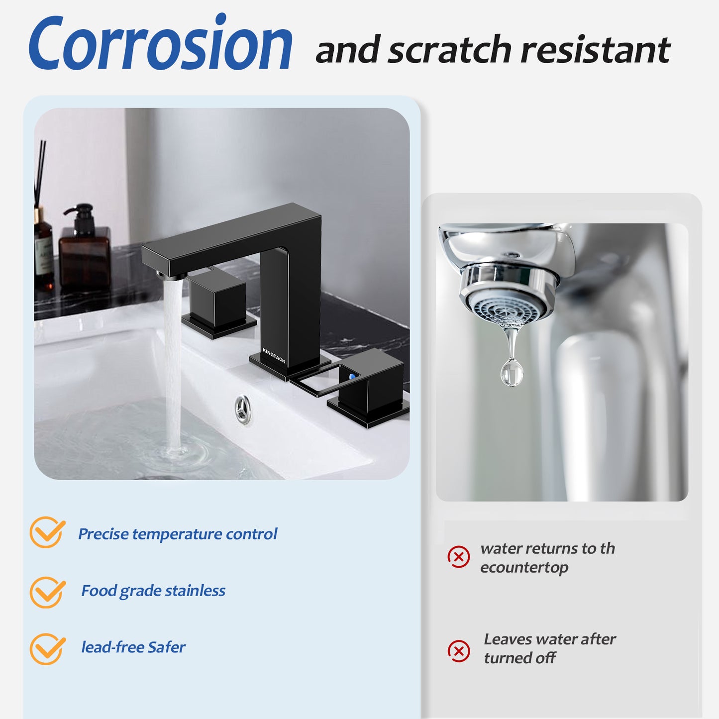 KINGTACK Matte Black Bathroom Faucet 3 Hole, 8 inch Widespread Bathroom Faucet with Pop Up Drain, 2 Handle Vanity Faucet with Water Supply Hoses