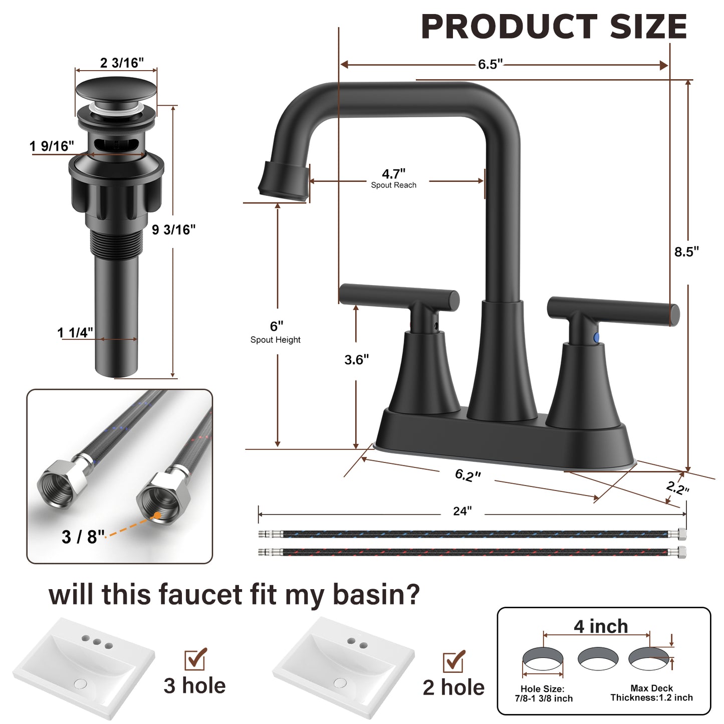 KINGTACK Bathroom Sink Faucet, 4 inch Matte Black Bathroom Faucets with Pop-up Drain and Supply Lines, Stainless Steel 2-Handle Centerset Faucet for Bathroom Faucet 3 Hole