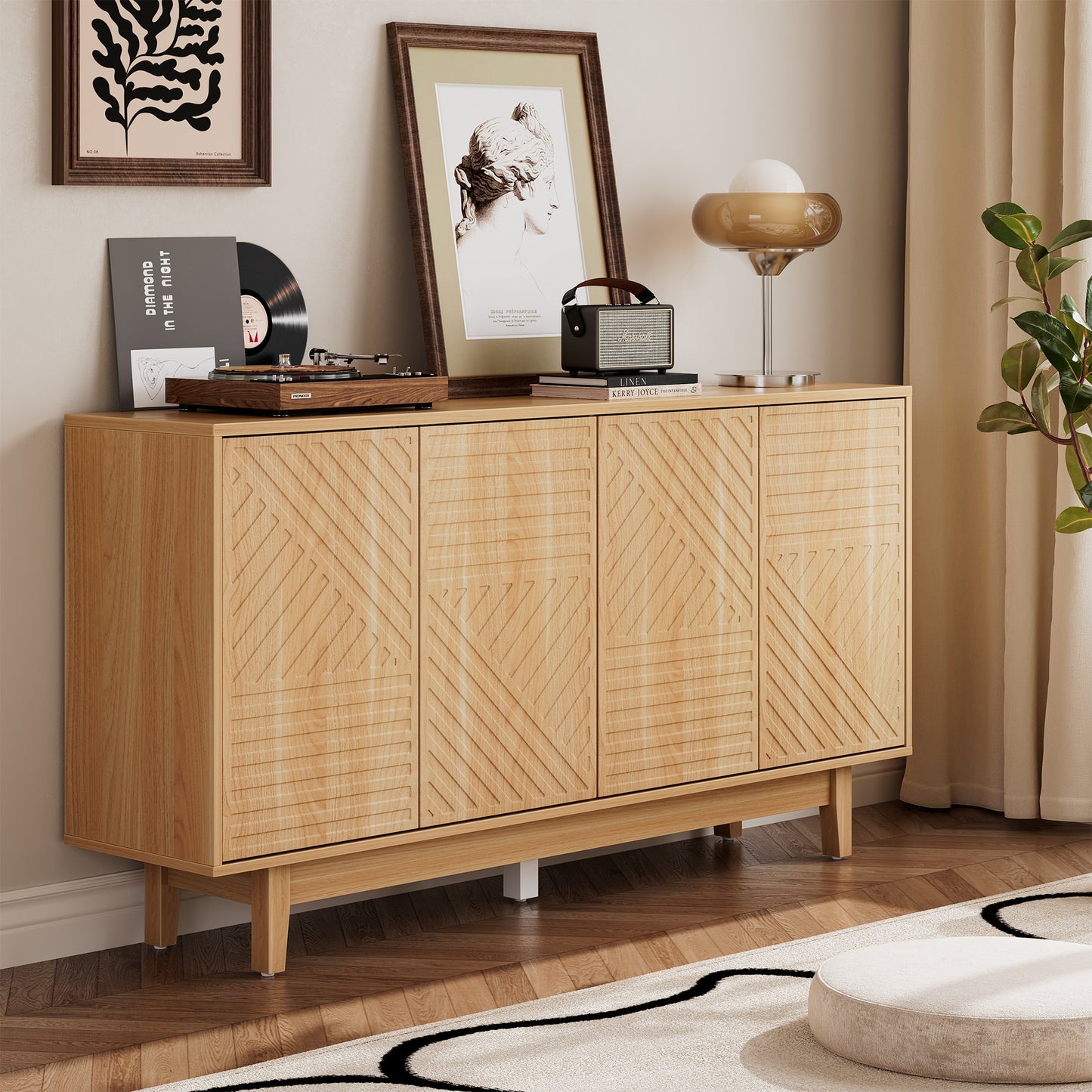 Flycity Sideboard Buffet Cabinet with Storage, 60" Modern Storage Cabinet with 4 Doors & Adjustable Shelves, Wood Console Table Accent Cabinet with Geometric Pattern for Kitchen, Living Room, Hallway