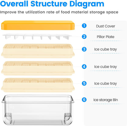 KINGTACK Ice Cube Tray with Lid and Bin, Ice Cube Tray Molds, 96(4 * 8 * 3) pcs Ice Trays for freezer, Chilling Drinks, Whiskey & Cocktails, with Ice Container and Ice Scoop, BPA-Free, Yellow