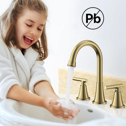 KINGTACK Bathroom Faucets for Sink 3 Hole, Brushed Gold Bathroom Sink Faucet with Pop-up Drain and Supply Lines, Stainless Steel Lead-Free Widespread Faucet for Bathroom Sink Vanity RV Sink, 2 Pack...