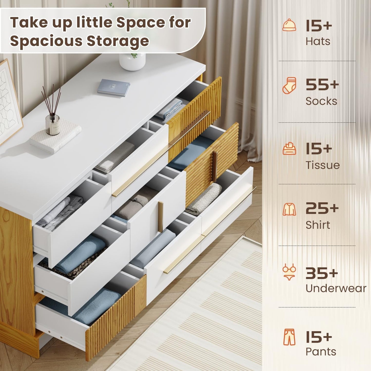 FLYCITY 9 Drawer 47.2'' Dresser for Bedroom, Modern Dresser Wood Storage Cabinet with Fluted Finish, Large & Long Dresser