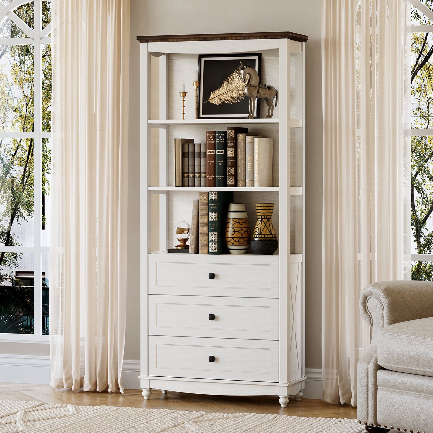 Flycity 71 Inch Tall Bookshelf, 6 Tiers Farmhouse Bookcase with Drawers and Shelves, Kitchen Storage Cabinet, Rustic Freestanding Display Bookshelves for Bedroom Living Room