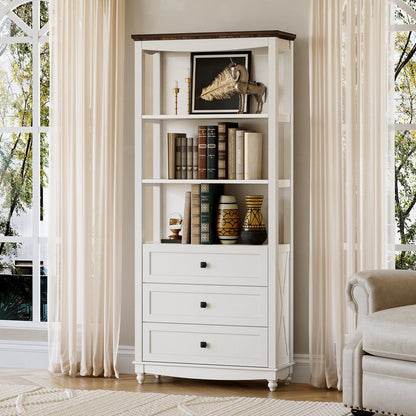 Flycity 71 Inch Tall Bookshelf, 6 Tiers Farmhouse Bookcase with Drawers and Shelves, Kitchen Storage Cabinet, Rustic Freestanding Display Bookshelves for Bedroom Living Room