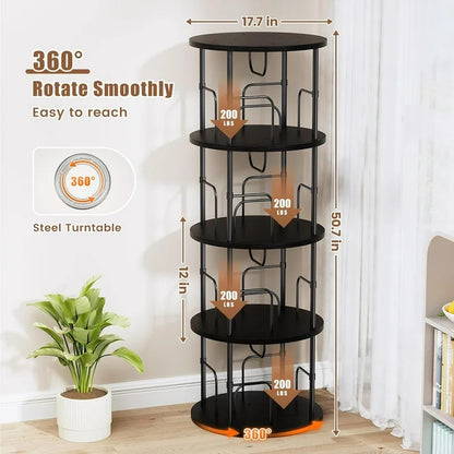Flycity 4 Tier Rotating Bookshelf, 360° Display Rotating Bookcase Corner Storage Rack with Special Visible Partition Storage, Black