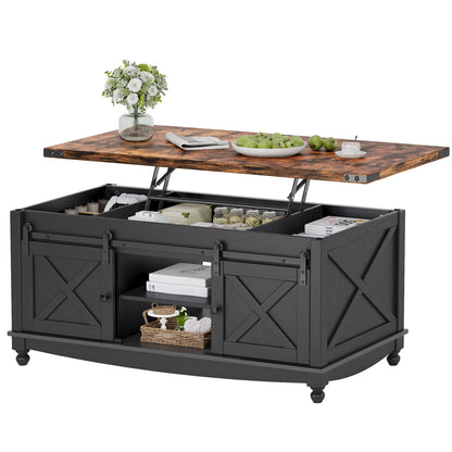 Flycity 48" Farmhouse Lift Top Coffee Table with Storage Sliding Barn Door, Lifting Tabletop Rustic Center Table with Large Hidden Compartment for Living Room, White & Brown